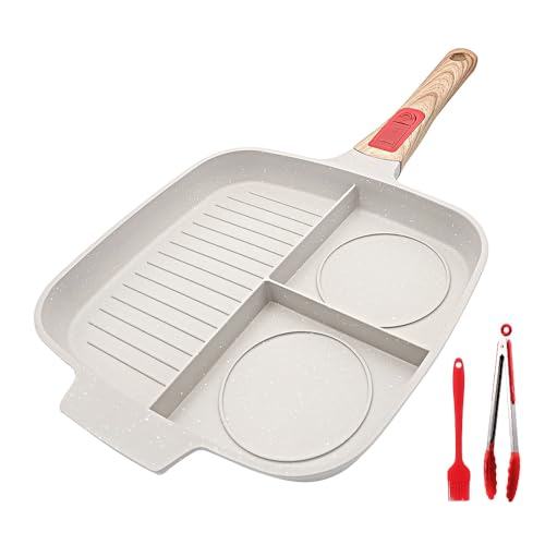 Bobikuke Multi Grillpfanne Induktion mit Abnehmbarer Griff, Steakpfanne 3 in 1 Antihaft Beschichtung Geteilte Bratpfanne, Kompatibel Für Alle Herdarten, 28 x 24 cm (Weiß) von Bobikuke