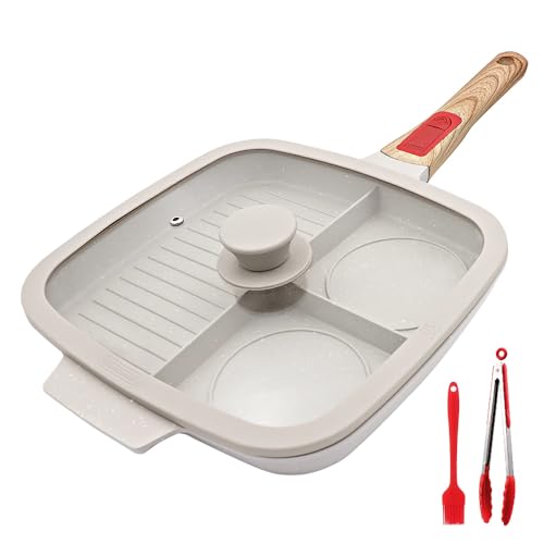 Bobikuke Multi Grillpfanne mit Deckel und Abnehmbarer Griff, Steakpfanne Induktion 3 in 1 - Weiß von Bobikuke