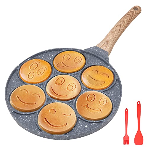 Bobikuke Pancake Pfanne 26cm, Antihaft Pancake Maker 7 Löcher mit Smiley-Muster für Induktion Mini Crepes Frühstück von Bobikuke