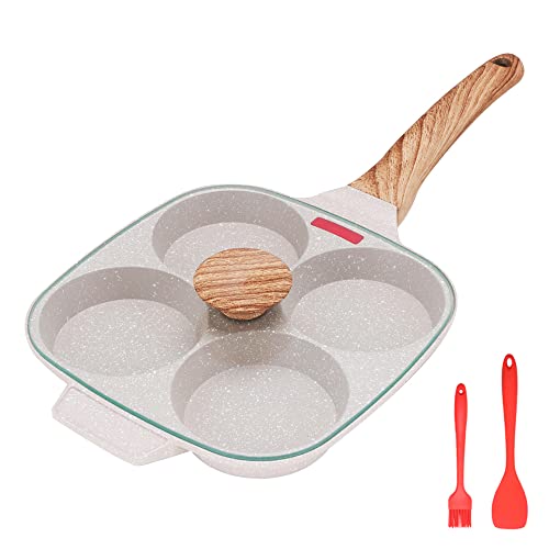 Bobikuke Spiegeleipfanne, Pancake Pfanne mit Deckel 4 Loch Augenpfanne Antihaft-Aluminium Pfanne für Frühstück Spiegelei Hamburger, für Induktionsherd & Gasherd (Weiß) von Bobikuke