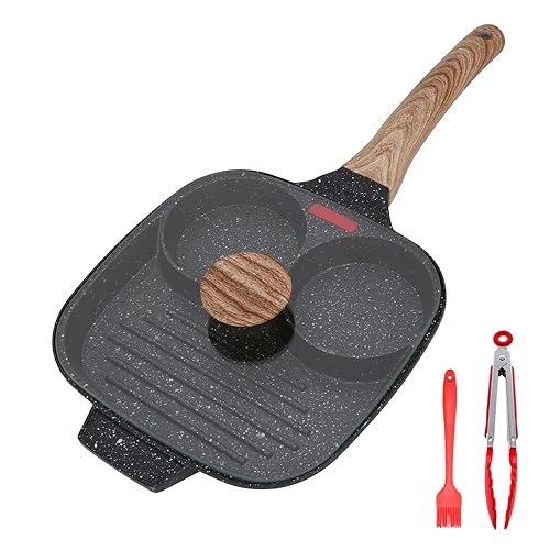 Bobikuke Spiegeleipfanne, 21 cm Pancake Pfanne mit Deckel 3 Loch Aluminium Omelettpfanne mit Antihaftbeschichtung für Frühstück, für Induktion & Gas von Bobikuke