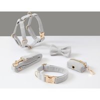 Personalisiertes Hundegeschirr Und Leine Set, Graues Cord Samt Halsband Fliege Kotbeutel Halter, Kein Zug Geschirr Für Jungen Welpe von Bobocollar