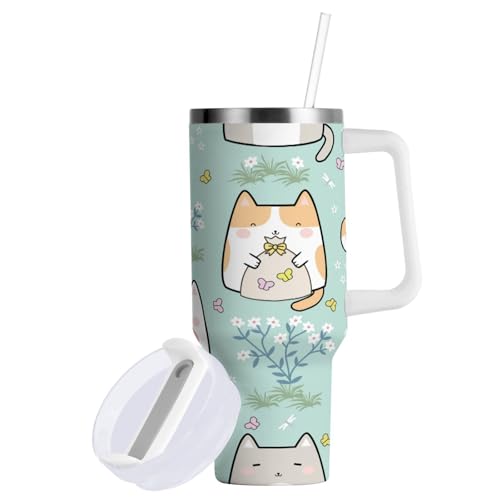 Boccsty Kawaii Isolierte Trinkgläser mit niedlicher Katze, Cartoon-Tiere, wiederverwendbar, Edelstahl, 1,2 l, Kaffee-Reisebecher, Wasserflasche mit Griff und Klapp-Trinkhalm, für Zuhause, Büro, Auto Boccsty Kawaii Isolierte Trinkgläser mit niedlicher Katze, Cartoon-Tiere, wiederverwendbar, Edelstahl, 1,2 l, Kaffee-Reisebecher, Wasserflasche mit Griff und Klapp-Trinkhalm, für Zuhause, Büro, Auto von Boccsty
