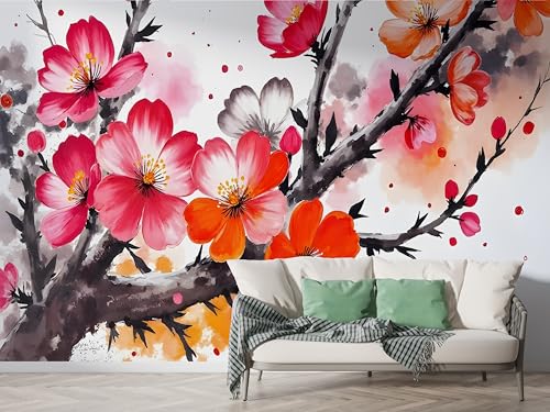 Blume Aquarell Tapete, Blumenzweig Fototapete, Japanisch Wandpapier, Vliestapete Selbstklebende Wand Deko, Motivtapeten Schlafzimmer Wohnzimmer, 250x175 cm - M-579 Blume Aquarell Tapete, Blumenzweig Fototapete, Japanisch Wandpapier, Vliestapete Selbstklebende Wand Deko, Motivtapeten Schlafzimmer Wohnzimmer, 250x175 cm - M-579 von Boceoey