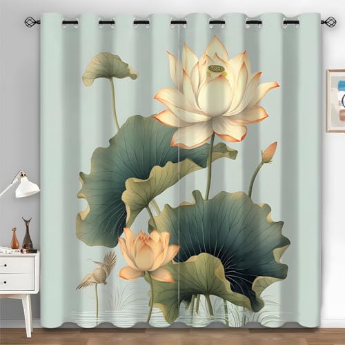 Boceoey Lotus Vorhänge Blickdicht Aquarell Verdunkelungsvorhang mit ösen, Schallschutz Vorhang 2 Stück, Blumen Gardinen Blickdicht für Schlafzimmer Wohnzimmer Decor 145x140 cm(HxB) V-868 von Boceoey