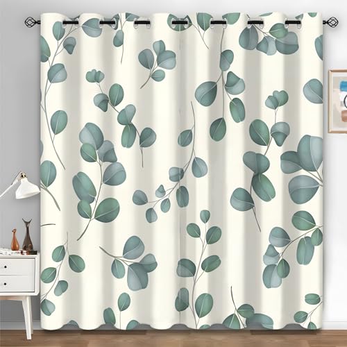 Boceoey Vorhänge Eukalyptus, Verdunkelungsvorhang Anlage mit Ösen, Vorhang Blickdicht für Schlafzimmer Wohnzimmer, Blatt Muster Gardinen Deko 2er Set 220 x 140 cm (HxB) I-382 von Boceoey