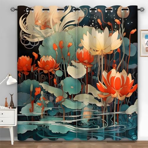Boceoey Vorhang Blickdicht Lotus Verdunklungsvorhänge mit ösen, Aquarell Vorhänge Wohnzimmer Schlafzimmer Kinderzimmer, Gardinen Verdunkelnd mit Abstrakt Muster 2er Set 260x140 cm(HxB) V-903 von Boceoey