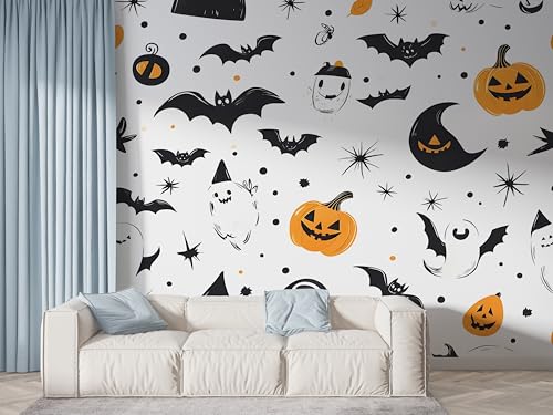 Halloween Fledermaus Tapete, Kürbis Fototapete, Sternenhimmel Wandpapier, Vliestapete Selbstklebende Wand Deko, Motivtapeten Schlafzimmer Wohnzimmer, 350x256 cm - F-641 von Boceoey