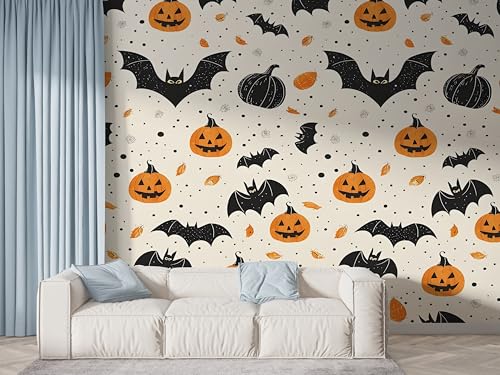 Halloween Fledermaus Tapete, Kürbis Fototapete, Sternenhimmel Wandpapier, Vliestapete Selbstklebende Wand Deko, Motivtapeten Schlafzimmer Wohnzimmer, 400x280 cm - F-621 von Boceoey