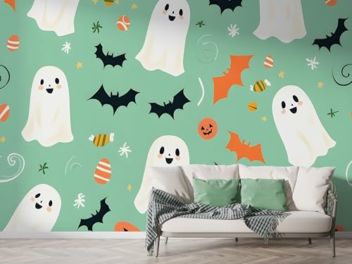 Halloween Geist Tapete, Fledermaus Fototapete, Kürbis Süßigkeiten Wandpapier, Vliestapete Selbstklebende Wand Deko, Motivtapeten Schlafzimmer Wohnzimmer, 450x315 cm - F-350 von Boceoey
