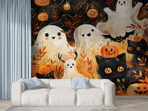 Halloween Geist Tapete, Katze Fototapete, Kürbis Wandpapier, Vliestapete Selbstklebende Wand Deko, Motivtapeten Schlafzimmer Wohnzimmer, 200x140 cm - F-607 Halloween Geist Tapete, Katze Fototapete, Kürbis Wandpapier, Vliestapete Selbstklebende Wand Deko, Motivtapeten Schlafzimmer Wohnzimmer, 200x140 cm - F-607 von Boceoey
