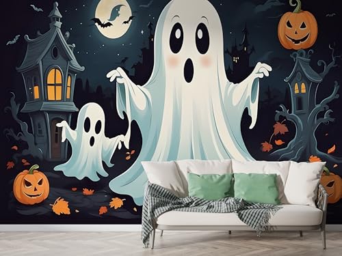 Halloween Geist Tapete, Kürbis Fototapete, Schloss Wandpapier, Vliestapete Selbstklebende Wand Deko, Motivtapeten Schlafzimmer Wohnzimmer, 200x140 cm - F-402 von Boceoey