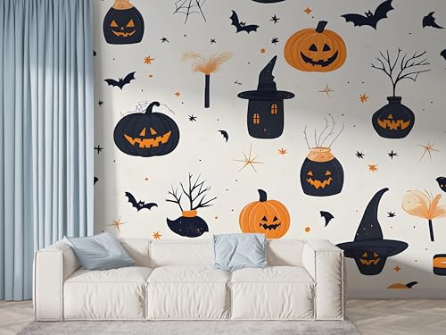 Halloween Kürbis Tapete, Fledermaus Fototapete, Hexenhut Wandpapier, Vliestapete Selbstklebende Wand Deko, Motivtapeten Schlafzimmer Wohnzimmer, 350x256 cm - F-595 von Boceoey