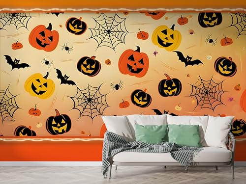 Halloween Kürbis Tapete, Fledermaus Fototapete, Spinnennetz Wandpapier, Vliestapete Selbstklebende Wand Deko, Motivtapeten Schlafzimmer Wohnzimmer, 150x100 cm - F-365 von Boceoey