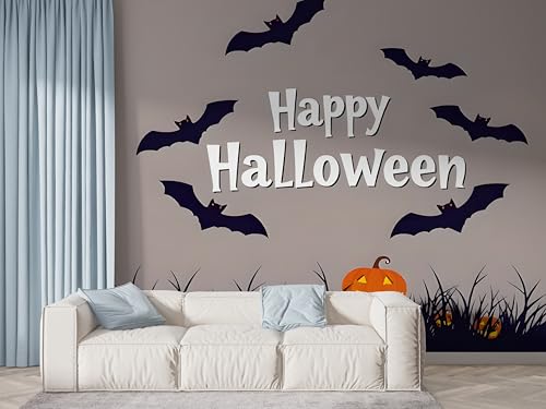 Halloween Kürbis Tapete, Fledermaus Fototapete, Wald Wandpapier, Vliestapete Selbstklebende Wand Deko, Motivtapeten Schlafzimmer Wohnzimmer, 300x210 cm - F-583 von Boceoey
