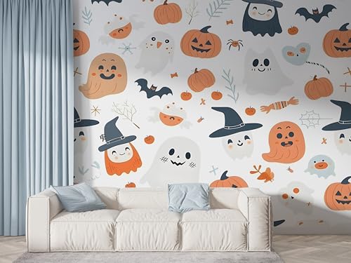 Halloween Kürbis Tapete, Geist Fototapete, Süßigkeiten Party Wandpapier, Vliestapete Selbstklebende Wand Deko, Motivtapeten Schlafzimmer Wohnzimmer, 350x256 cm - F-615 von Boceoey
