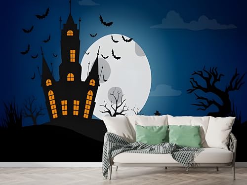 Halloween Schloss Tapete, Fledermaus Fototapete, Vollmond Nacht Wandpapier, Vliestapete Selbstklebende Wand Deko, Motivtapeten Schlafzimmer Wohnzimmer, 350x256 cm - F-404 Halloween Schloss Tapete, Fledermaus Fototapete, Vollmond Nacht Wandpapier, Vliestapete Selbstklebende Wand Deko, Motivtapeten Schlafzimmer Wohnzimmer, 350x256 cm - F-404 von Boceoey