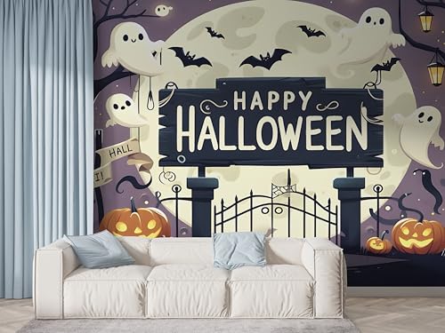 Halloween Schloss Tapete, Kürbis Fototapete, Geist Fledermaus Wandpapier, Vliestapete Selbstklebende Wand Deko, Motivtapeten Schlafzimmer Wohnzimmer, 150x100 cm - F-589 Halloween Schloss Tapete, Kürbis Fototapete, Geist Fledermaus Wandpapier, Vliestapete Selbstklebende Wand Deko, Motivtapeten Schlafzimmer Wohnzimmer, 150x100 cm - F-589 von Boceoey