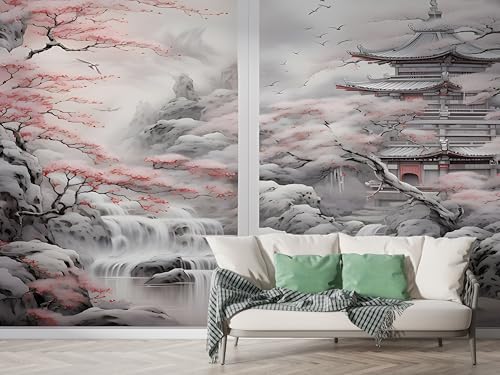 Japanisch Kirschblüten Tapete, Japan Fototapete, Aquarellwasserfallturm Wandpapier, Vliestapete Selbstklebende Wand Deko, Motivtapeten Schlafzimmer Wohnzimmer, 400x280 cm - M-705 von Boceoey