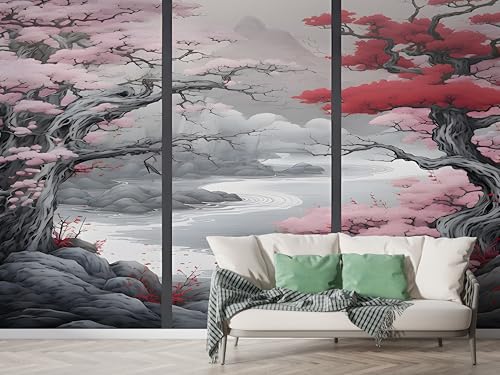 Japanisch Kirschblüten Tapete, Japan Fototapete, Geometrisches Aquarell Wandpapier, Vliestapete Selbstklebende Wand Deko, Motivtapeten Schlafzimmer Wohnzimmer, 400x280 cm - M-704 von Boceoey