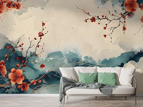 Japanischer Kirschblüte Tapete, Berg Fototapete, Blumenzweig Wandpapier, Vliestapete Selbstklebende Wand Deko, Motivtapeten Schlafzimmer Wohnzimmer, 450x315 cm - F-313 von Boceoey