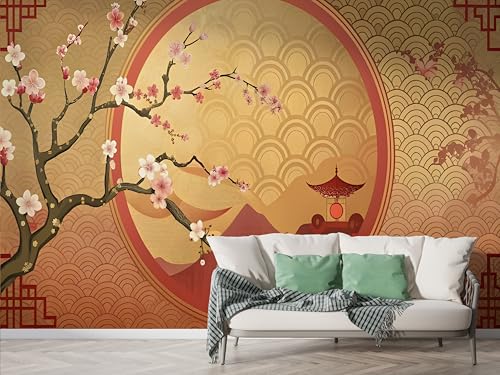 Japanischer Kirschblüte Tapete, Fuji Fototapete, Geometrisch Wandpapier, Vliestapete Selbstklebende Wand Deko, Motivtapeten Schlafzimmer Wohnzimmer, 450x315 cm - F-254 von Boceoey
