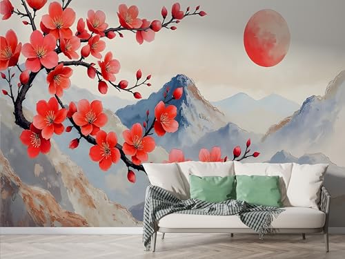Japanischer Pfirsichblüte Tapete, Berg Fototapete, Rote Sonne Wandpapier, Vliestapete Selbstklebende Wand Deko, Motivtapeten Schlafzimmer Wohnzimmer, 450x315 cm - F-196 Japanischer Pfirsichblüte Tapete, Berg Fototapete, Rote Sonne Wandpapier, Vliestapete Selbstklebende Wand Deko, Motivtapeten Schlafzimmer Wohnzimmer, 450x315 cm - F-196 von Boceoey