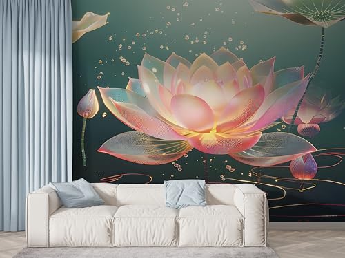Lotus Botanisch Tapete, Orientalische Blumen Fototapete, Aquarell Wandpapier, Vliestapete Selbstklebende Wand Deko, Motivtapeten Schlafzimmer Wohnzimmer, 450x315 cm - F-440 von Boceoey