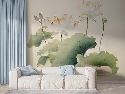 Lotus Floral Tapete, Botanisch Fototapete, Aquarell Wandpapier, Vliestapete Selbstklebende Wand Deko, Motivtapeten Schlafzimmer Wohnzimmer, 400x280 cm - F-493 von Boceoey