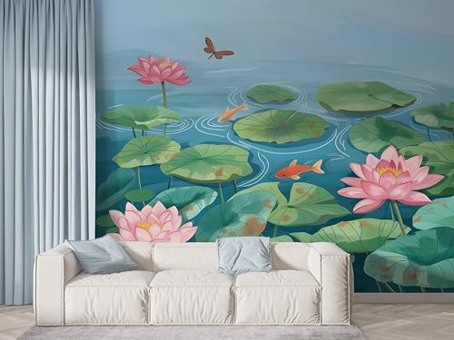 Lotus Orientalische Blumen Tapete, Botanisch Fototapete, Seerose Wandpapier, Vliestapete Selbstklebende Wand Deko, Motivtapeten Schlafzimmer Wohnzimmer, 300x210 cm - F-438 von Boceoey