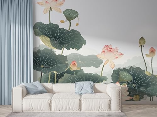 Lotus Seerose Tapete, Pflanzen Fototapete, Orientalische Blumen Wandpapier, Vliestapete Selbstklebende Wand Deko, Motivtapeten Schlafzimmer Wohnzimmer, 300x210 cm - F-543 von Boceoey