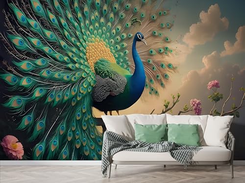 Pfau Blütenzweig Tapete, Landschaft Fototapete, Luxus Vogel Wandpapier, Vliestapete Selbstklebende Wand Deko, Motivtapeten Schlafzimmer Wohnzimmer, 300x210 cm - F-189 von Boceoey
