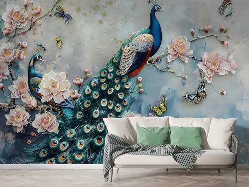 Pfau Blütenzweig Tapete, Schmetterling Fototapete, Landschaft Wandpapier, Vliestapete Selbstklebende Wand Deko, Motivtapeten Schlafzimmer Wohnzimmer, 250x175 cm - F-173 von Boceoey