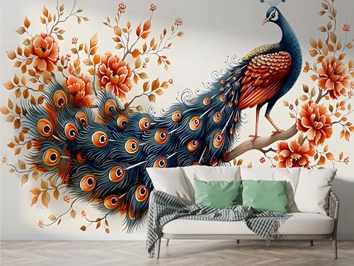 Pfau Blumen Tapete, Blumenzweig Fototapete, Geometrisch Wandpapier, Vliestapete Selbstklebende Wand Deko, Motivtapeten Schlafzimmer Wohnzimmer, 350x256 cm - F-297 Pfau Blumen Tapete, Blumenzweig Fototapete, Geometrisch Wandpapier, Vliestapete Selbstklebende Wand Deko, Motivtapeten Schlafzimmer Wohnzimmer, 350x256 cm - F-297 von Boceoey