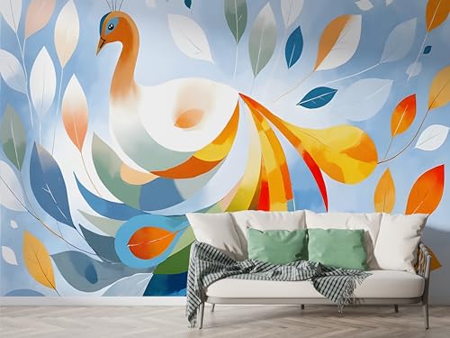 Pfau Feder Tapete, Blatt Fototapete, Nordischer Stil Wandpapier, Vliestapete Selbstklebende Wand Deko, Motivtapeten Schlafzimmer Wohnzimmer, 450x315 cm - F-207 von Boceoey