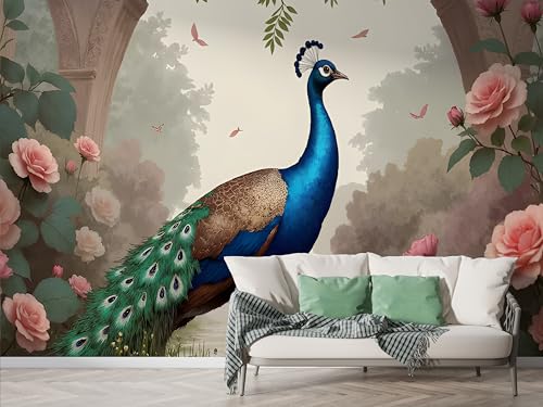 Pfau Rose Tapete, Wald Fototapete, Blumenzweig Wandpapier, Vliestapete Selbstklebende Wand Deko, Motivtapeten Schlafzimmer Wohnzimmer, 400x280 cm - F-289 von Boceoey