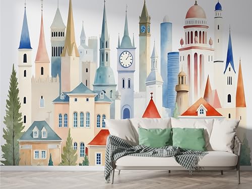 Schloss Architektur Tapete, Aquarell Fototapete, Landschaft Wandpapier, Vliestapete Selbstklebende Wand Deko, Motivtapeten Schlafzimmer Wohnzimmer, 300x210 cm - F-340 Schloss Architektur Tapete, Aquarell Fototapete, Landschaft Wandpapier, Vliestapete Selbstklebende Wand Deko, Motivtapeten Schlafzimmer Wohnzimmer, 300x210 cm - F-340 von Boceoey