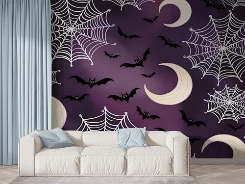 Selbstklebende Tapete Halloween Fledermaus Wandbilder, Vlies Fototapete mit Mond Spinnennetz Motiv, 3D Effekt Wandtapete Deko, Abziehen & Aufkleben, 400x280 cm - F-626 Selbstklebende Tapete Halloween Fledermaus Wandbilder, Vlies Fototapete mit Mond Spinnennetz Motiv, 3D Effekt Wandtapete Deko, Abziehen & Aufkleben, 400x280 cm - F-626 von Boceoey