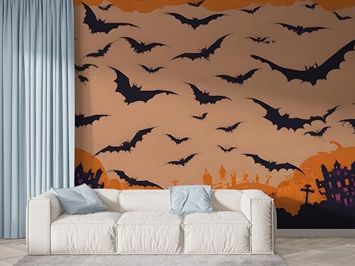 Selbstklebende Tapete Halloween Fledermaus Wandbilder, Vlies Fototapete mit Schloss Grabstein Motiv, 3D Effekt Wandtapete Deko, Abziehen & Aufkleben, 150x100 cm - F-550 Selbstklebende Tapete Halloween Fledermaus Wandbilder, Vlies Fototapete mit Schloss Grabstein Motiv, 3D Effekt Wandtapete Deko, Abziehen & Aufkleben, 150x100 cm - F-550 von Boceoey