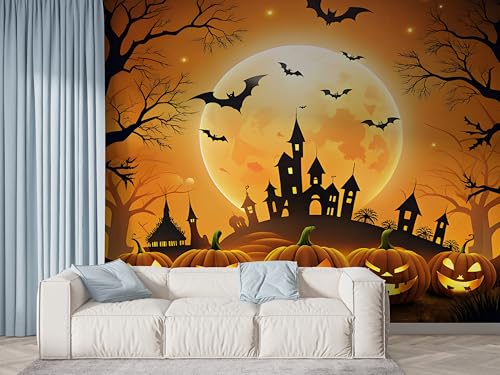 Selbstklebende Tapete Halloween Fledermaus Wandbilder, Vlies Fototapete mit Schloss Kürbis Motiv, 3D Effekt Wandtapete Deko, Abziehen & Aufkleben, 250x175 cm - F-610 Selbstklebende Tapete Halloween Fledermaus Wandbilder, Vlies Fototapete mit Schloss Kürbis Motiv, 3D Effekt Wandtapete Deko, Abziehen & Aufkleben, 250x175 cm - F-610 von Boceoey
