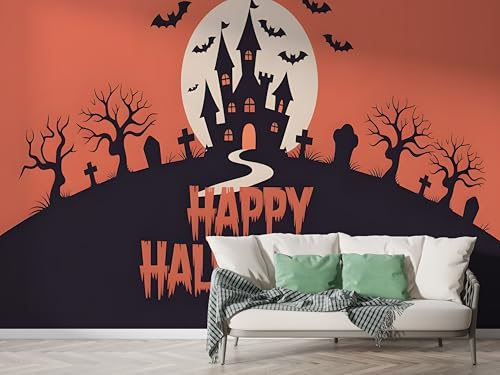 Selbstklebende Tapete Halloween Fledermaus Wandbilder, Vlies Fototapete mit Schloss Vollmondnacht Motiv, 3D Effekt Wandtapete Deko, Abziehen & Aufkleben, 350x256 cm - F-399 von Boceoey