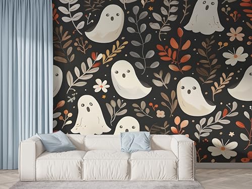 Selbstklebende Tapete Halloween Geist Wandbilder, Vlies Fototapete mit Blätter Blume Botanisch Motiv, 3D Effekt Wandtapete Deko, Abziehen & Aufkleben, 400x280 cm - F-588 von Boceoey