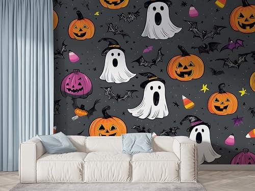 Selbstklebende Tapete Halloween Geist Wandbilder, Vlies Fototapete mit Kürbis Fledermaus Süßigkeiten Motiv, 3D Effekt Wandtapete Deko, Abziehen & Aufkleben, 150x100 cm - F-612 von Boceoey