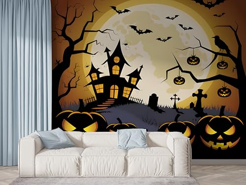 Selbstklebende Tapete Halloween Kürbis Wandbilder, Vlies Fototapete mit Schloss Fledermaus Mond Motiv, 3D Effekt Wandtapete Deko, Abziehen & Aufkleben, 150x100 cm - F-644 Selbstklebende Tapete Halloween Kürbis Wandbilder, Vlies Fototapete mit Schloss Fledermaus Mond Motiv, 3D Effekt Wandtapete Deko, Abziehen & Aufkleben, 150x100 cm - F-644 von Boceoey