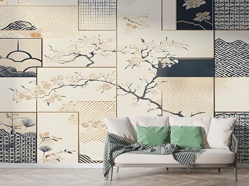Selbstklebende Tapete Japanisch Kirschblüten Wandbilder, Vlies Fototapete mit Japan Patchwork Motiv, 3D Effekt Wandtapete Deko, Abziehen & Aufkleben, 450x315 cm - M-621 von Boceoey