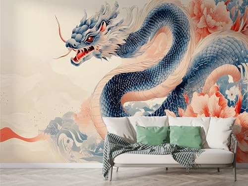 Selbstklebende Tapete Japanischer Drache Wandbilder, Vlies Fototapete mit Pfingstrose Aquarell Motiv, 3D Effekt Wandtapete Deko, Abziehen & Aufkleben, 350x256 cm - F-268 von Boceoey