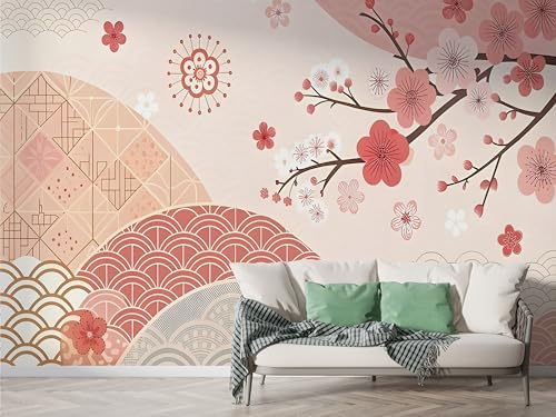 Selbstklebende Tapete Japanischer Kirschblüte Wandbilder, Vlies Fototapete mit Berg Handgemalt Motiv, 3D Effekt Wandtapete Deko, Abziehen & Aufkleben, 100x70 cm - F-177 von Boceoey