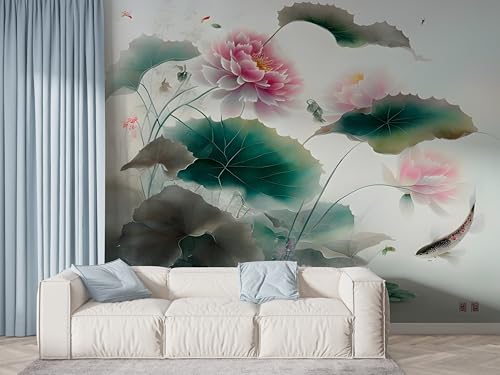 Selbstklebende Tapete Lotus Aquarell Wandbilder, Vlies Fototapete mit Botanisch Blühende Blume Motiv, 3D Effekt Wandtapete Deko, Abziehen & Aufkleben, 100x70 cm - F-526 von Boceoey