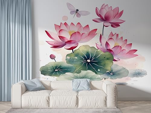 Selbstklebende Tapete Lotus Aquarell Wandbilder, Vlies Fototapete mit Botanisch Blühende Blume Motiv, 3D Effekt Wandtapete Deko, Abziehen & Aufkleben, 150x100 cm - F-466 von Boceoey