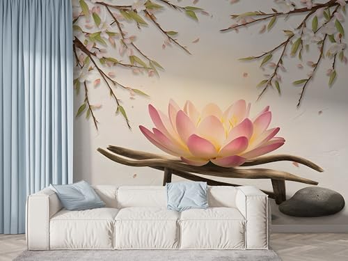 Selbstklebende Tapete Lotus Aquarell Wandbilder, Vlies Fototapete mit Botanisch Blühende Blume Motiv, 3D Effekt Wandtapete Deko, Abziehen & Aufkleben, 350x256 cm - F-454 von Boceoey